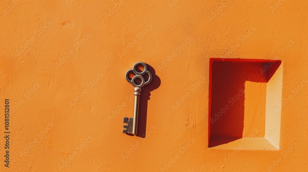 Poster a single key on a bright orange background symbolizing access and opportunity, highlighting the pote