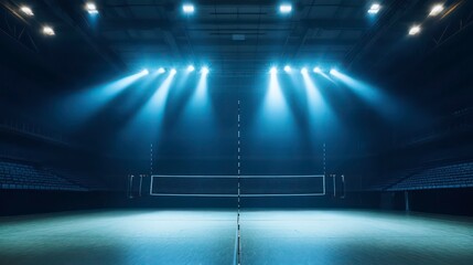 Empty volleyball court with spotlights shining on the net and the floor in a dark stadium.
