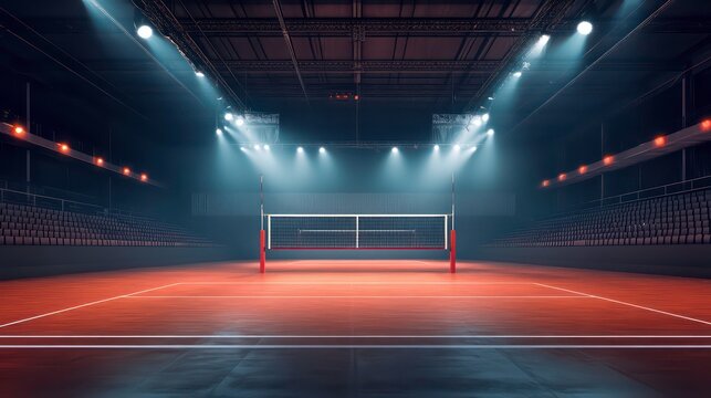 Empty volleyball court in a stadium with spotlights.