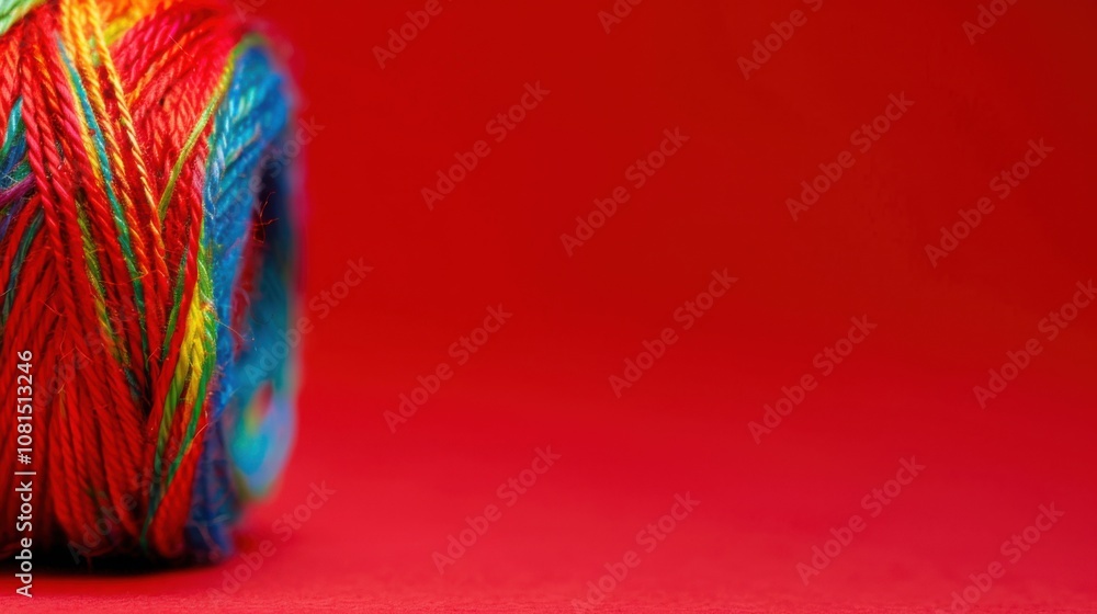 Poster a single, multicolored thread on a solid red background symbolizing the fabric of society, highlight