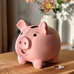 Cute Pink Piggy Bank with Cheerful Expression on Wooden Table with Coin, Symbolizing Saving Money and Financial Planning in a Bright Room