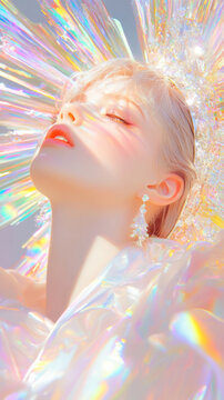 3D illustration for angel god godness painting with glossy holographic texture glass futuristic solarpunk fashion sense background. nouveau aesthetic tarot card beautiful colorful rainbow wallpaper