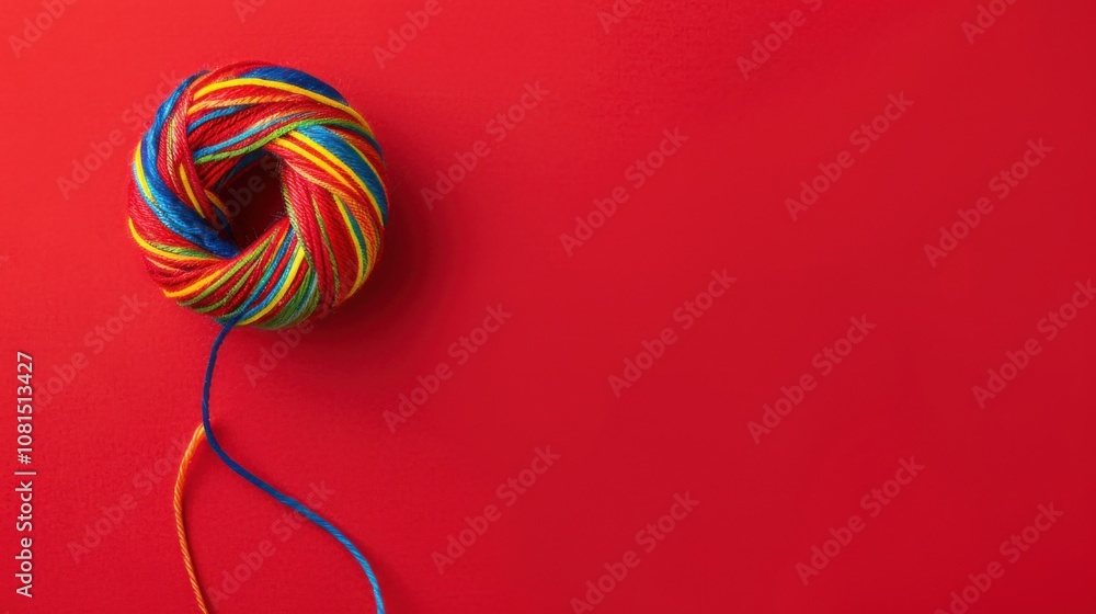 Aufkleber a single, multicolored thread on a solid red background symbolizing the fabric of society, highlight