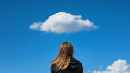 woman gazes at blue sky with single cloud, feeling sense of tranquility and wonder. vastness of sky enhances her peaceful moment