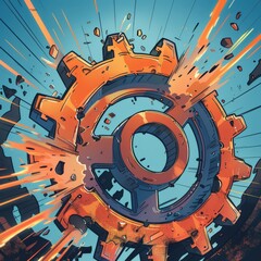 Obraz premium Dynamic Explosion of a Gear Mechanism with Emanating Sparks and Debris, Showcasing Energy and Industrial Design in Vibrant Colors and Dramatic Composition