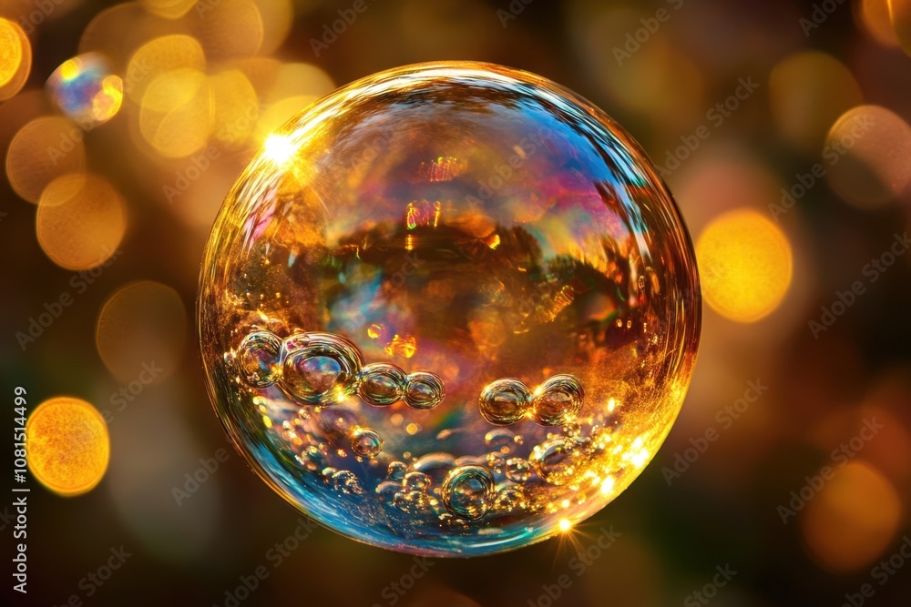 Poster a large iridescent soap bubble with smaller bubbles trapped inside, reflecting the golden light of t