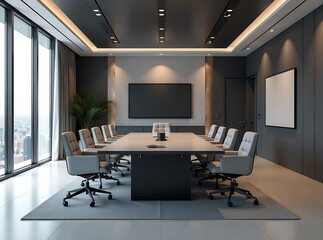 Large conference room with a sleek grey, black, and white interior design. Spacious table surrounded by chairs, set against the backdrop of minimalist decor.