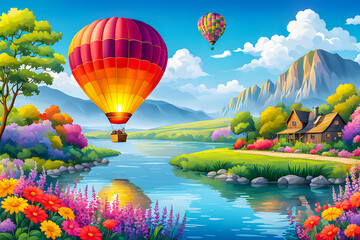 Fototapeta premium Illustration of Hot Air Balloon near river surrounded by colorful flowers.
