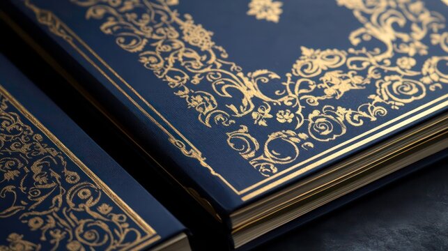 Close-up of two blue hardcover books with gold ornate patterns on the covers.