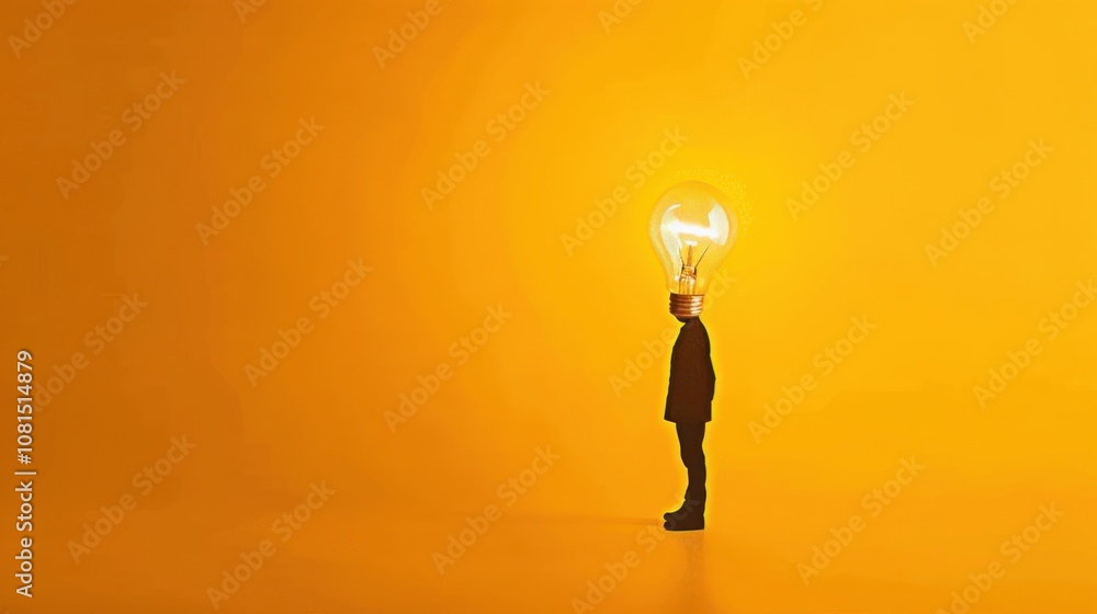 Poster a small silhouette standing under a glowing light bulb on a solid yellow background representing enl