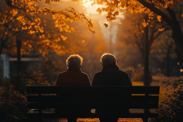 Elderly couple sitting on a park bench, golden hour lighting, back view, moment. The scene is set against a backdrop of a sunlit park. Concept photography.