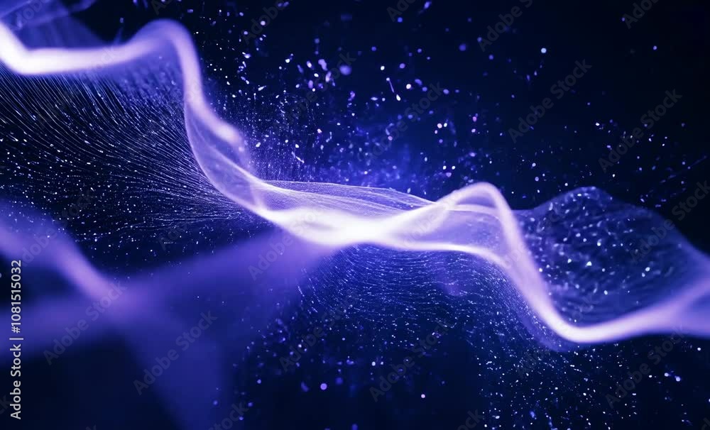 Poster abstract purple waves digital background of light and texture, where particles dance in movement and
