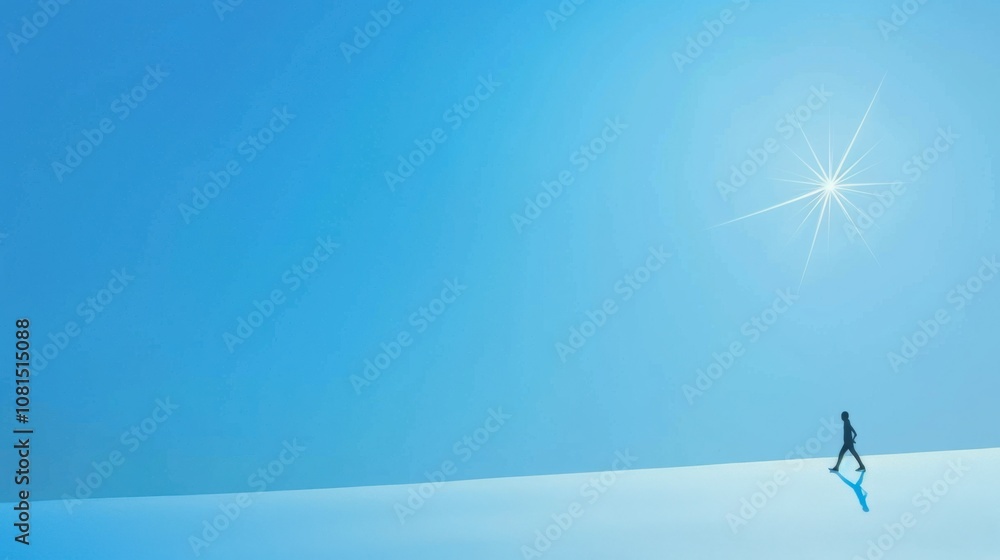 Poster a small silhouette walking towards a bright star on a solid blue background representing guidance an
