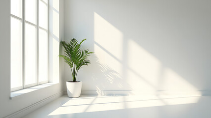 Sunlight streaming through large windows into a white room with a potted plant, creating a serene, minimalist atmosphere.