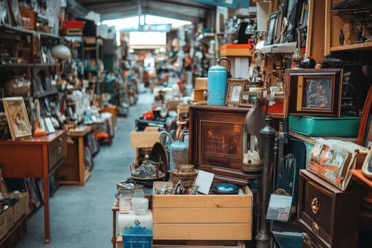 A narrow aisle in a crowded flea market, lined with tables overflowing with vintage and antique items.