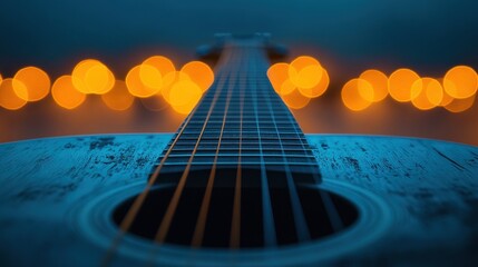 Close-up of an acoustic guitar neck and sound hole with blurry bokeh lights in the background.