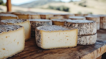 Closeup of artisan cheese on a wooden table.