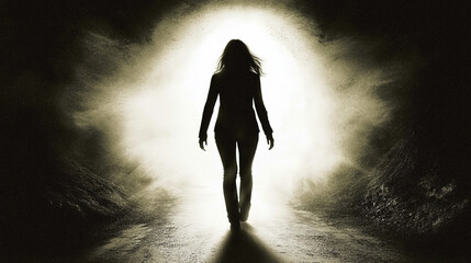 woman walking towards light, leaving darkness behind, symbolizing hope and transformation