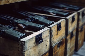 A row of wooden drawers with rifles inside.