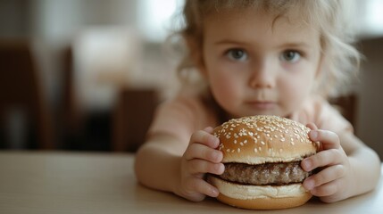 Naklejka premium Nutritional concern, visualizing child holding hamburger, emphasizing concept of poor nutrition, its connection to early childhood obesity, impact of unhealthy eating habits on young lives.