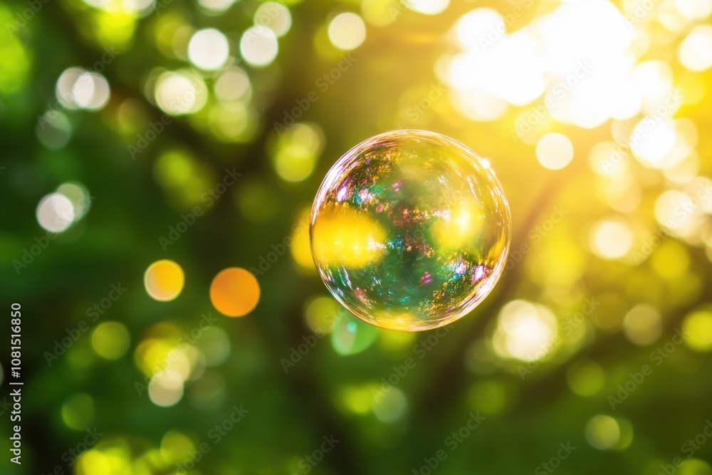 Poster A single iridescent soap bubble floats in front of a blurred background of sunlight through trees.
