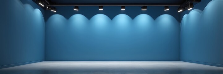 Minimalist modern interior studio with light blue walls, natural light, and clean lines