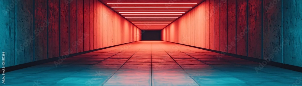 Poster a modern corridor illuminated with vibrant lights, creating a striking visual effect in an urban spa