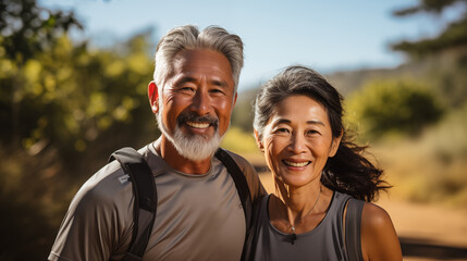 Sporty elderly couple in the park on the sports ground. Beautiful woman and man doing sports exercises. Healthy lifestyle concept