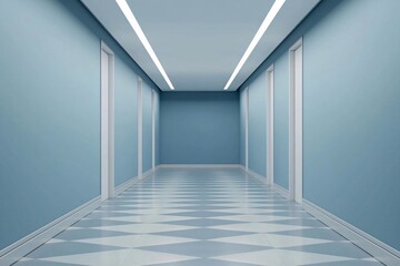 Obraz premium A modern, minimalist hallway with blue walls and geometric patterned floor tiles, evoking a sense of tranquility.