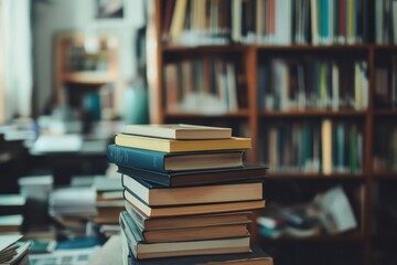 A stack of books sits on a table in front of a bookshelf.