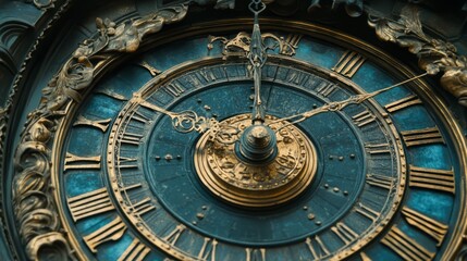 A close-up of an ornate clock face with Roman numerals and gold accents.
