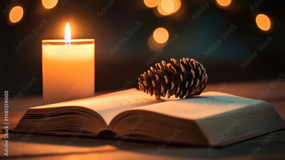 Poster open book with pinecone and candlelight, bokeh background