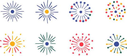 Fireworks icon set, simple flat design, colorful and bright color scheme, white background.