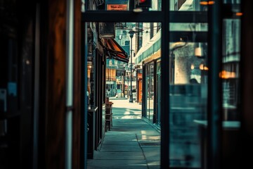 A view down a narrow alleyway with shops on either side, looking through a glass door.
