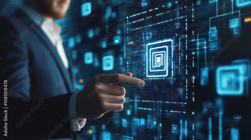 Poster businessman pointing at a glowing digital interface with a square icon, representing technological a