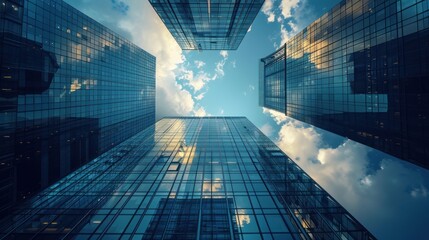 A low angle view of modern skyscrapers reaching for the sky, with a hint of clouds and sunlight.