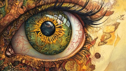 Highly detailed and colorful close-up of artistic eye illustration with intricate patterns