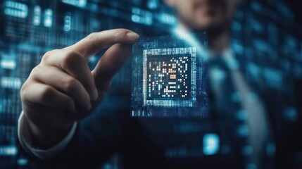 Digital payment, QR code scanning for website or mobile application customer support. Businessman showing QR code icon on virtual screen