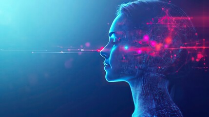 A woman's face is made of blue glowing lines with red glowing lines around her head, representing technology and artificial intelligence.