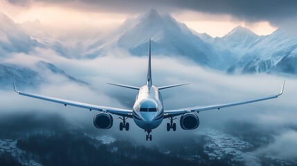 Airplane flying over snowy mountain peaks with clouds and sky in the background. Travel, adventure, freedom and transportation concept