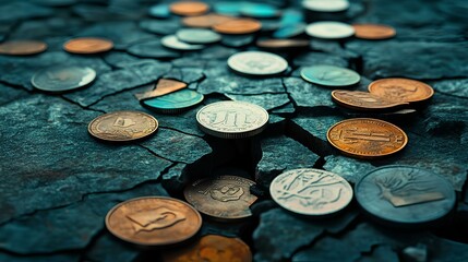 Scattered coins urban environment macro photography cracked surface close-up value and exchange