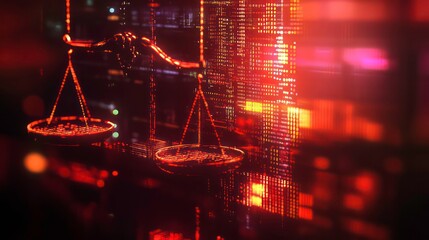 Digital law concept. Law scales at data center. Abstract background