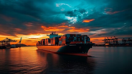 Cargo ship leaving the port at sunset with cranes in the background