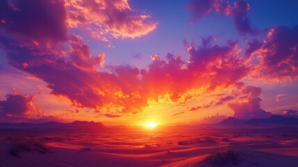 A vibrant sunset over a desert landscape, with the sun setting in the distance and casting a warm glow on the sand dunes.
