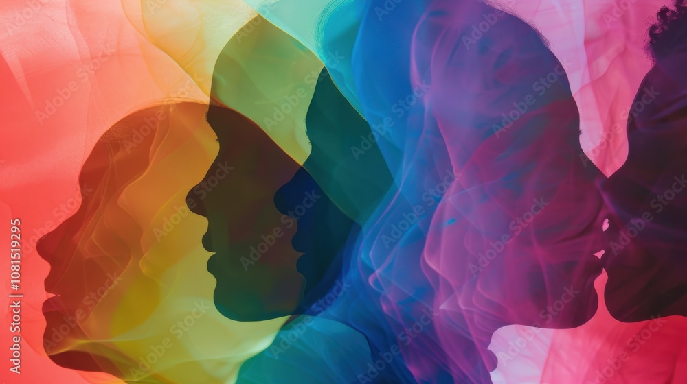 Aufkleber A spectrum of voices, featuring abstract shapes in gradient hues, symbolizing representation and equality