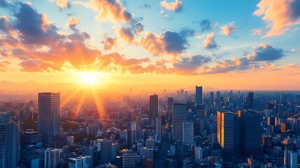 Obraz premium Aerial view of cityscape with sunset over modern buildings, beautiful clouds and sunrays in the sky. Concept of urban development, cityscape skyline, evening city, sunset, city life