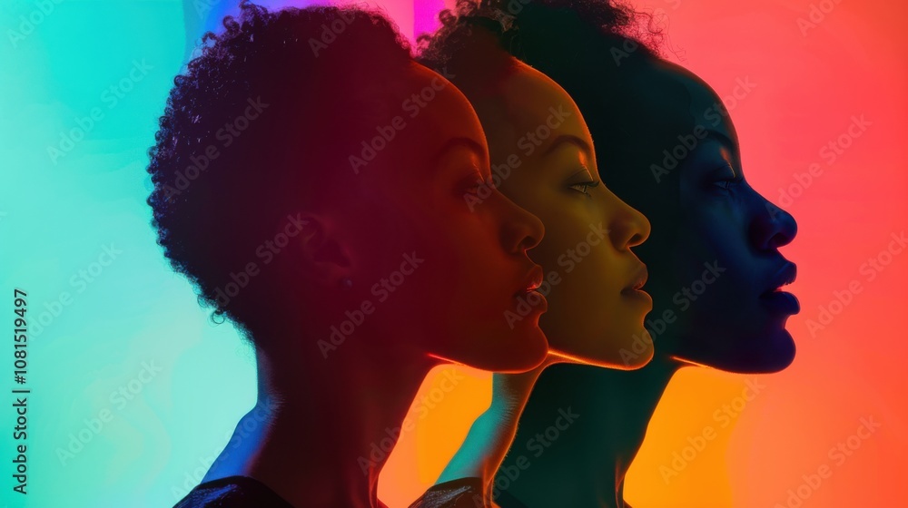 Poster A spectrum of voices, featuring abstract shapes in gradient hues, symbolizing representation and equality