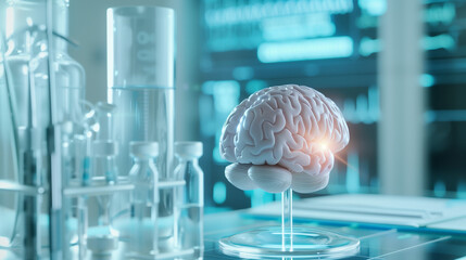Close-up of human brain model with highlighted tumor area, surrounded by medical instruments and charts in clinical setting, focusing on medical research and diagnosis.