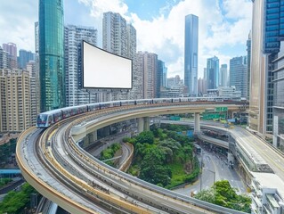 Naklejka premium A modern cityscape featuring a curved train track and skyscrapers under a bright sky.