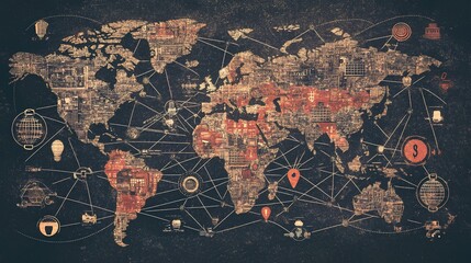 Naklejka premium Global economic connections world map infographic digital aerial view trade and finance insights